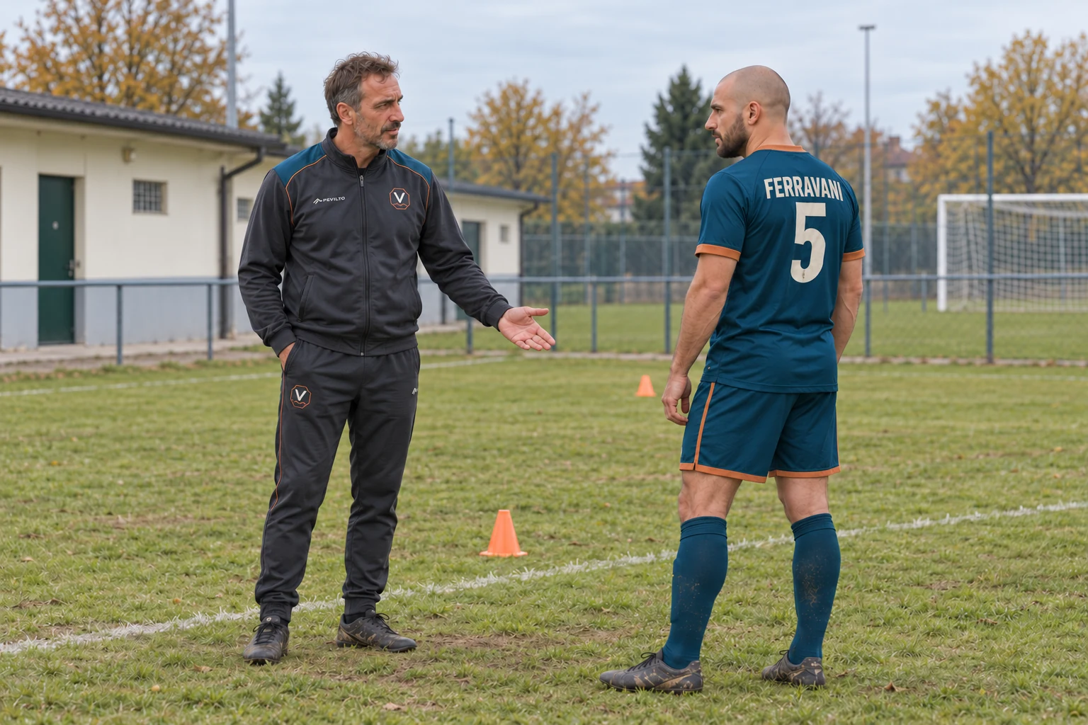 Dario Bellori indica lo spazio di lavoro a Luca Ferravani, ripreso di tre quarti da dietro con il numero 5, su un campo d’allenamento.