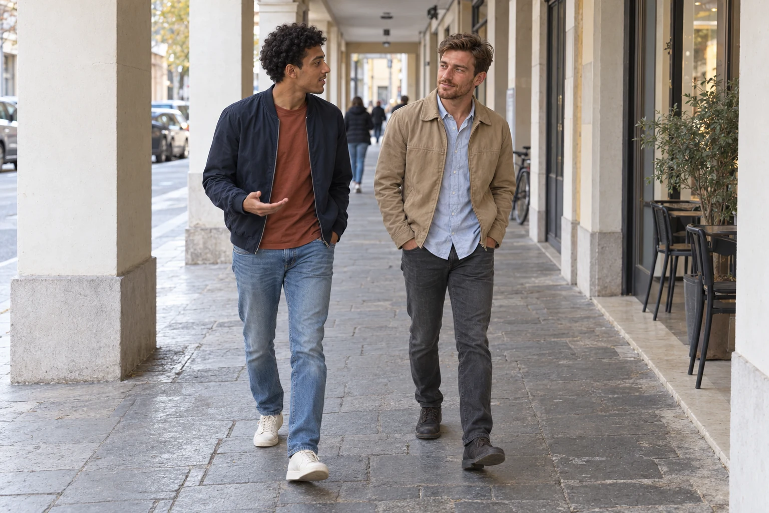 Favrin con bomber blu e maglia ruggine parla a Marzolin in giacca beige mentre camminano su un marciapiede sotto portici semplici.